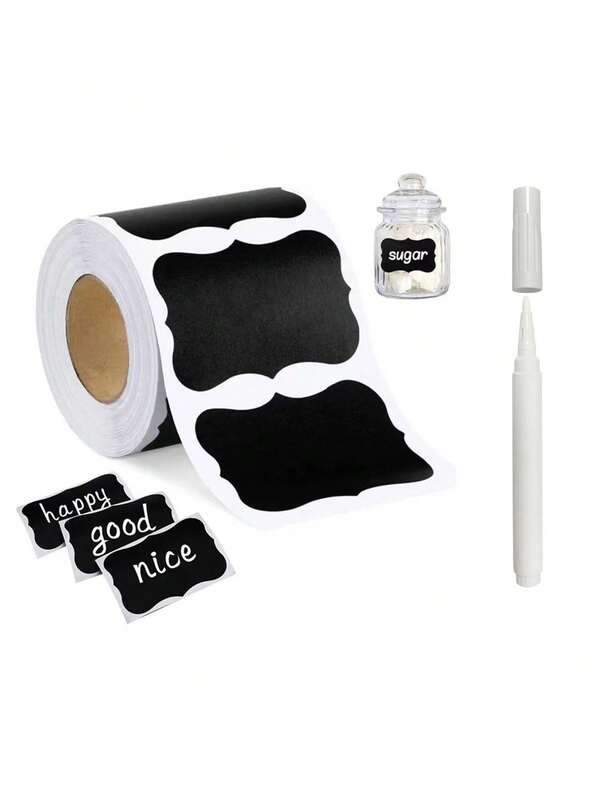 120pcs/Roll (Optional With Pen)Chalkboard Glass Jar Label Stickers, Reusable Black Waterproof Label Stickers, Wavy Shape Labels For Kitchen & Pantry Organization, Great For Containers, Jars, Spices And Food Storage