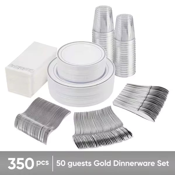 Nalupatio 350PCS Silver Tableware Set, Household Disposable Plastic Plates, Including 50pcs 7 Inch Dinner Plates, 50pcs 10 Inch Dinner Plates, 50pcs Silver Pattern Paper Towels, 50pcs Silver Knives, 50pcs Forks, 50pcs Spoons And 50pcs Silver Cups